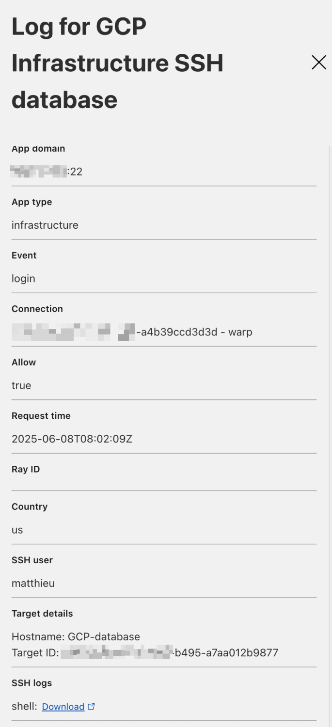 Logs > Access > GCP Infrastructure SSH database